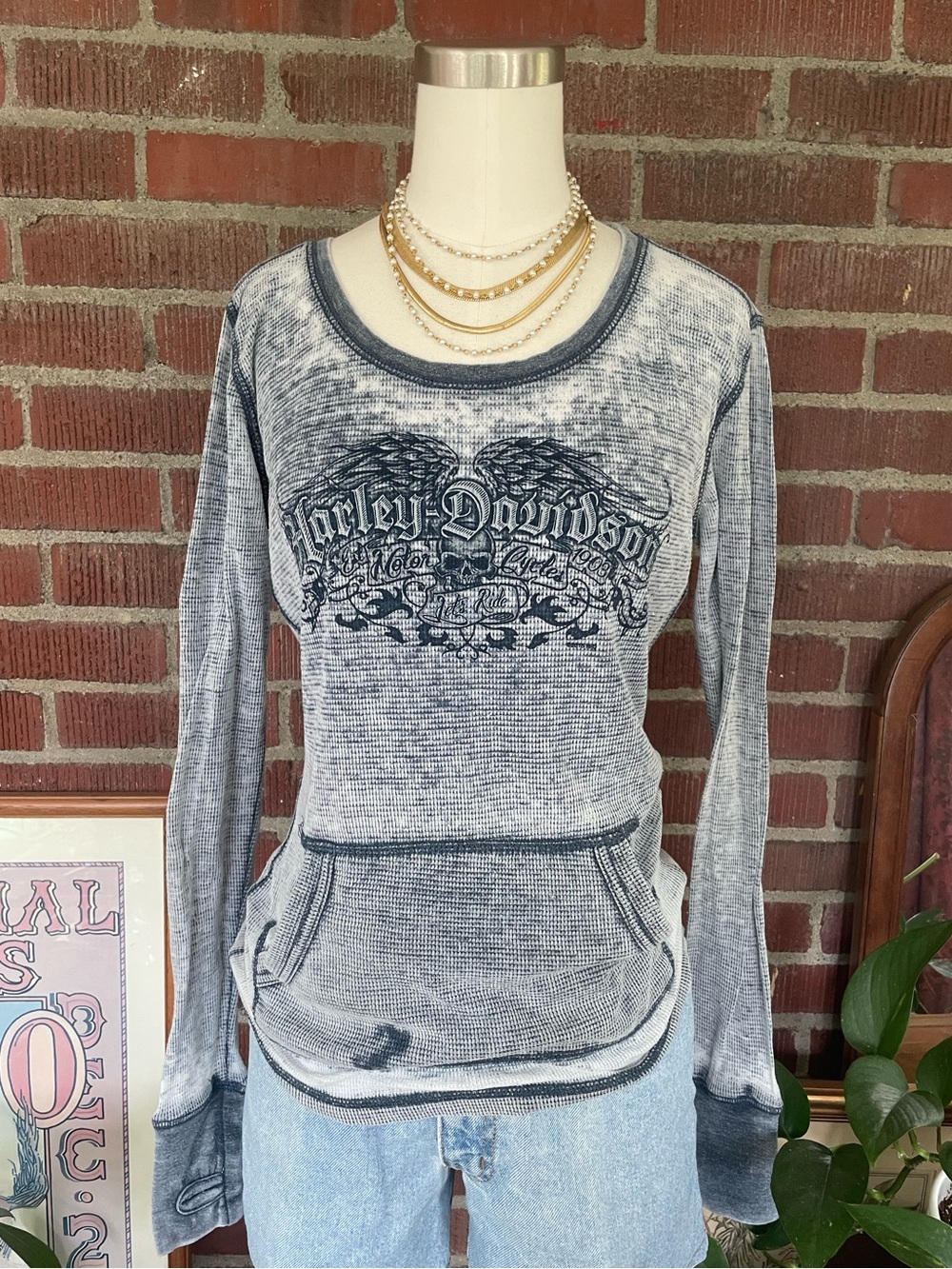 Harley-Davidson Washed Blue & White Thermal Long Sleeve Pullover